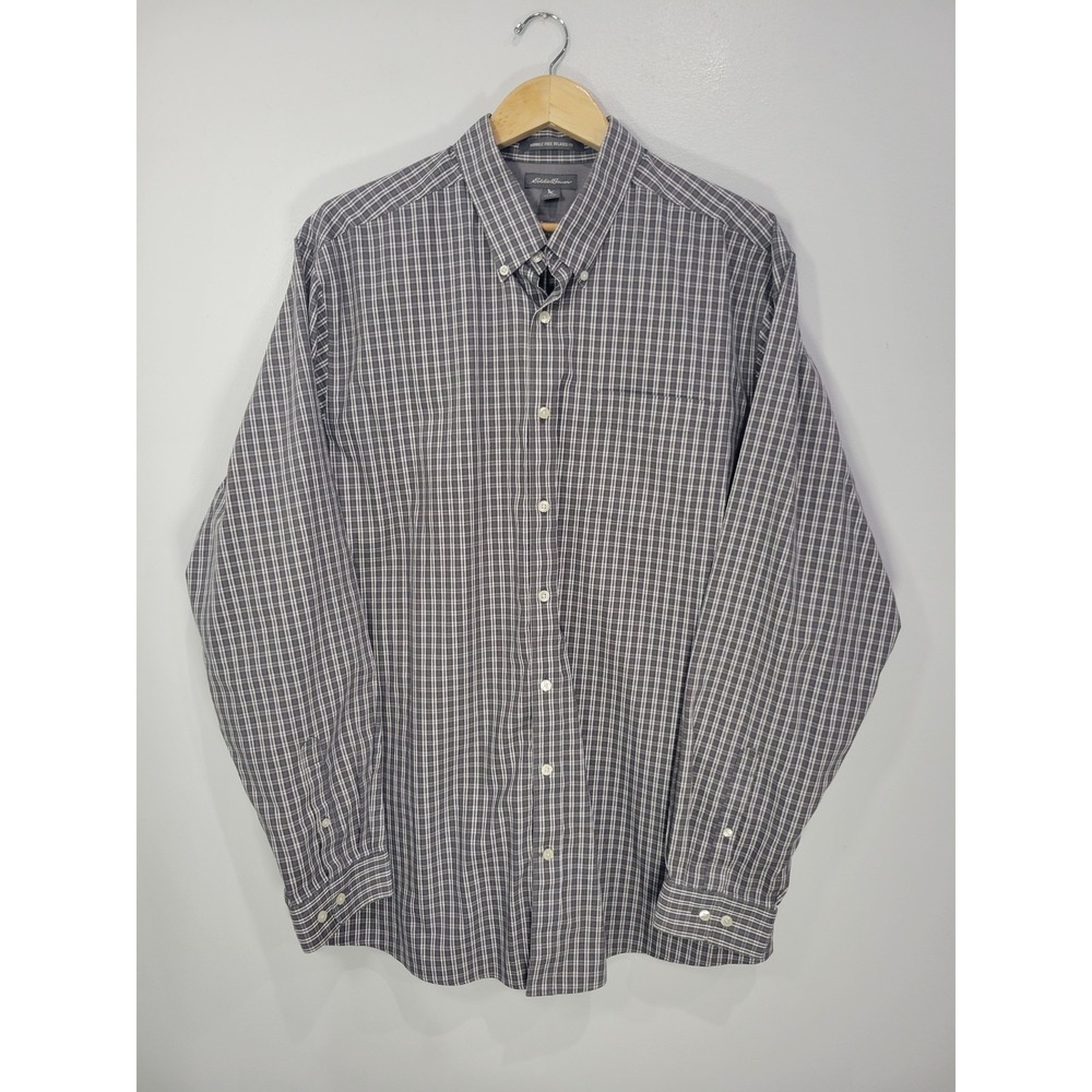 Eddie Bauer Mens XL Tall Grey Plaid Wrinkle Free Relaxed Fit Button Down Shirt